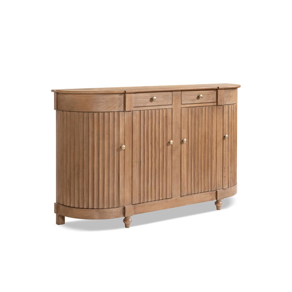 Brown side table with vertical slat doors, drawers, metal knobs, and turned feet
