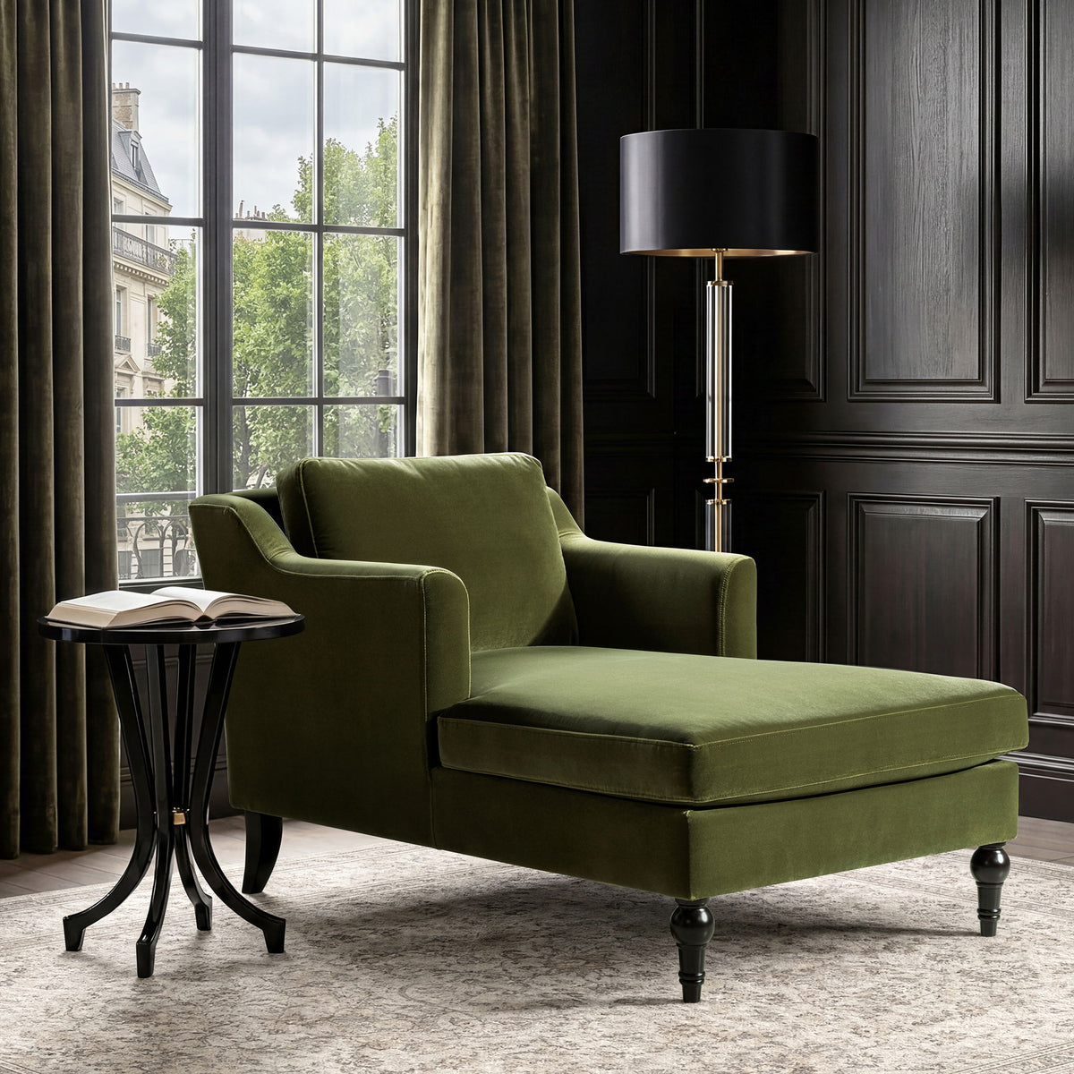 Green upholstered chaise lounge with curved backrest, long seat, and turned feet