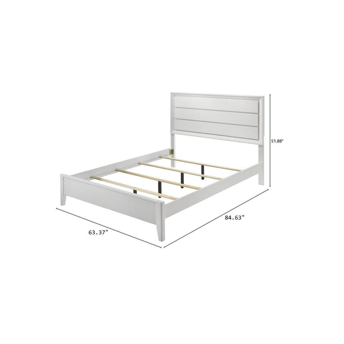 White bed frame shown with measurements, slatted base, and angled legs