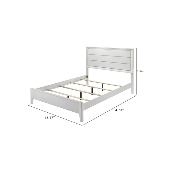 White bed frame shown with measurements, slatted base, and angled legs