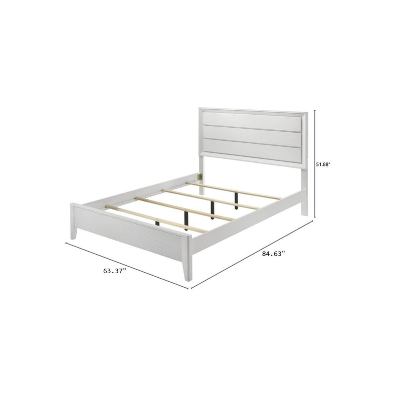 White bed frame shown with measurements, slatted base, and angled legs