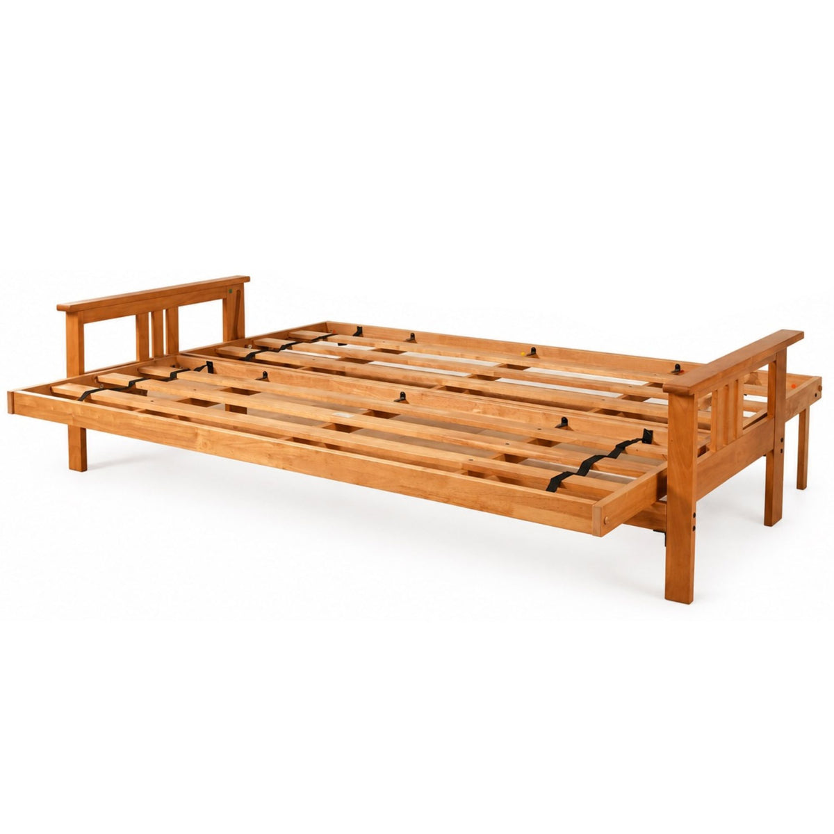 Wood futon frame base with slats and black support brackets