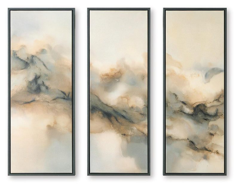 Set of 3 framed abstract landscape wall prints, dark gray frames, beige and gray tones