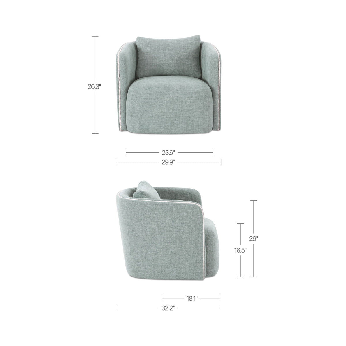 Light blue upholstered accent chair with rounded arms and cushioned seat