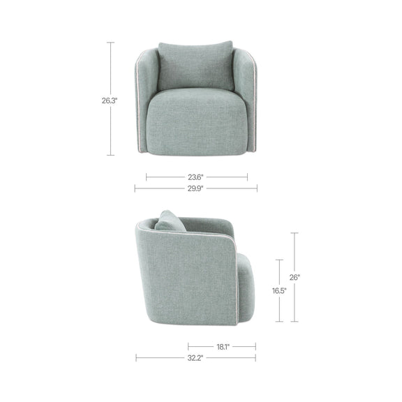 Light blue upholstered accent chair with rounded arms and cushioned seat