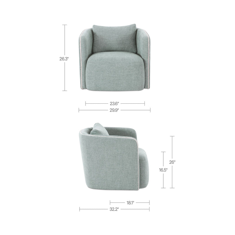 Light blue upholstered accent chair with rounded arms and cushioned seat