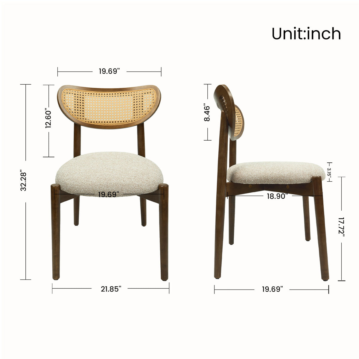 Rattan dining chair with a beige upholstered seat, curved cane back, and dark wood frame, front and side views
