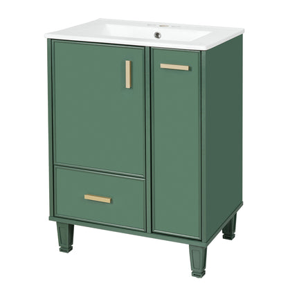 Dark green bathroom vanity with white sink, cabinet door, deep drawer, gold-tone bar handles