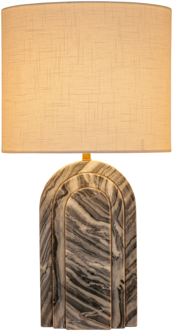 Caldera table lamp with tan fabric shade and marble-look arched base