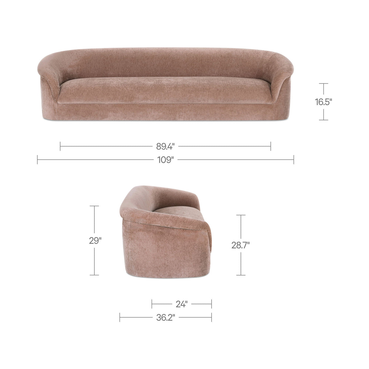 Blush pink sofa with measurement diagram and matching small round chair.