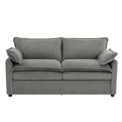 Dark gray upholstered loveseat sofa with two back cushions and side storage pockets.