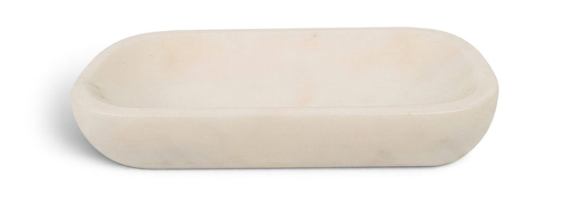 White marble tray, smooth oval shallow dish with faint veining