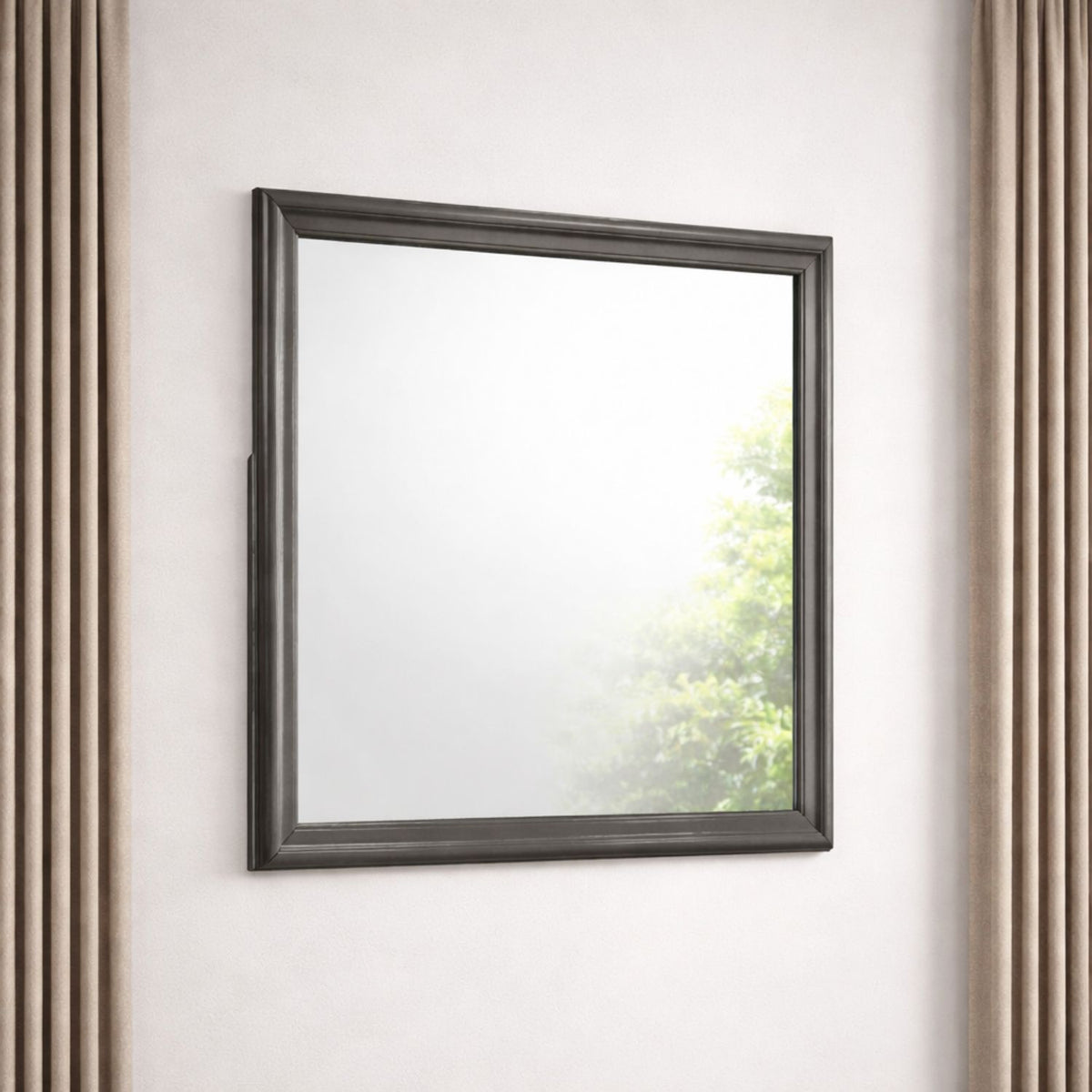Dark gray framed square Blaze mirror mounted on wall, reflective glass panel