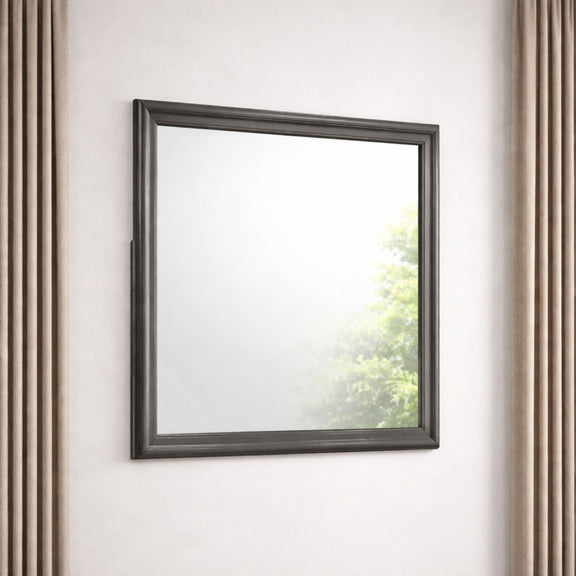 Dark gray framed square Blaze mirror mounted on wall, reflective glass panel