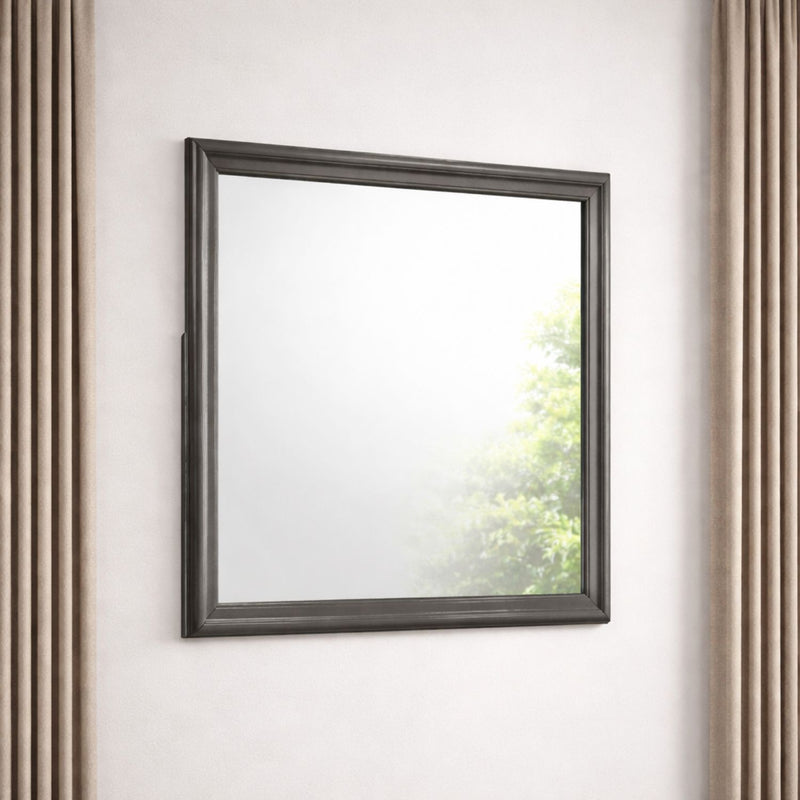 Dark gray framed square Blaze mirror mounted on wall, reflective glass panel