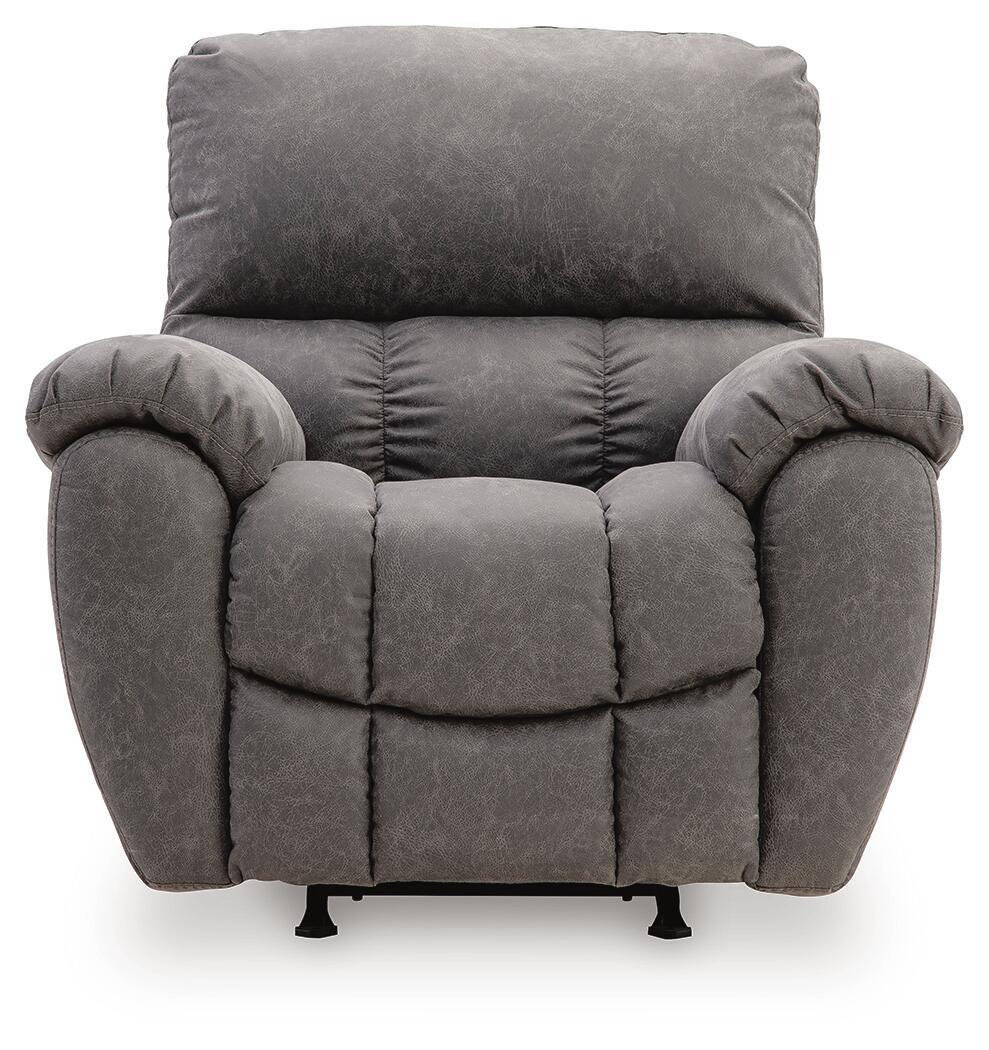 Power rocker recliner with adjustable headrest, dark gray fabric, thick cushioned seat and back