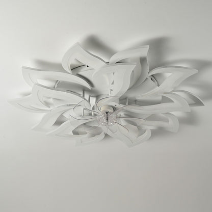 White flush-mount ceiling fan with sculpted blades and clear central light fixture