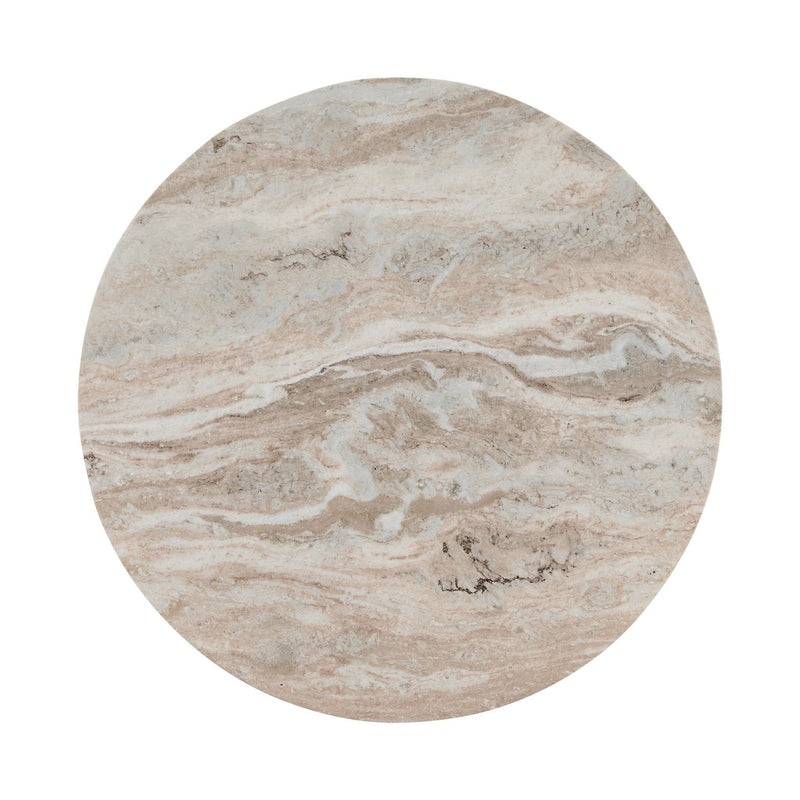Round marble tabletop with natural gray and beige veining, close-up