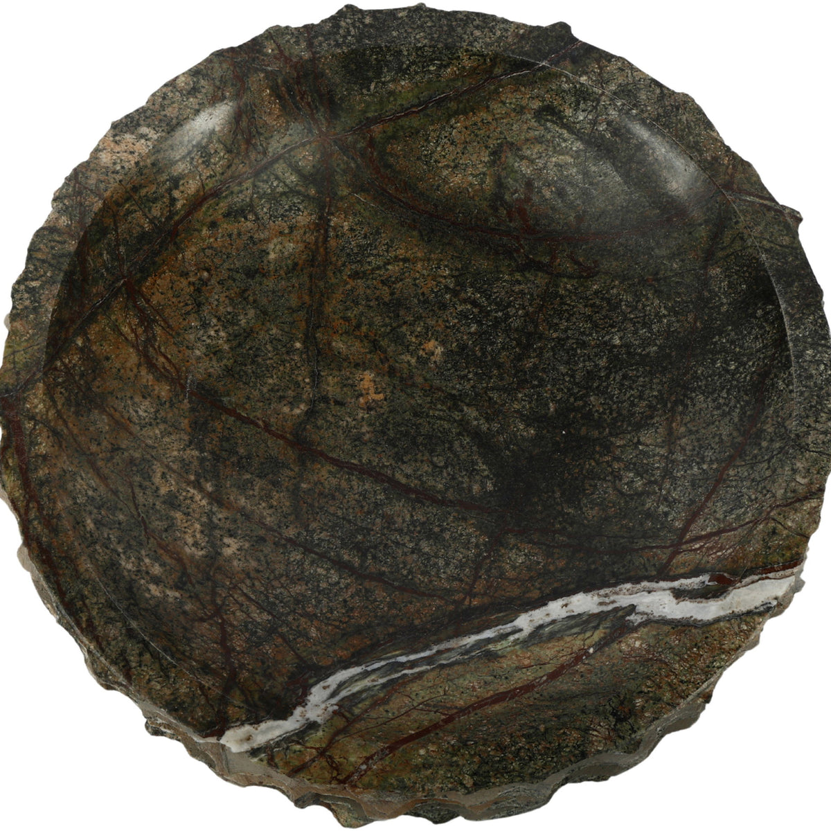 Genuine marble bowl, dark green with swirling veins and rough outer rim