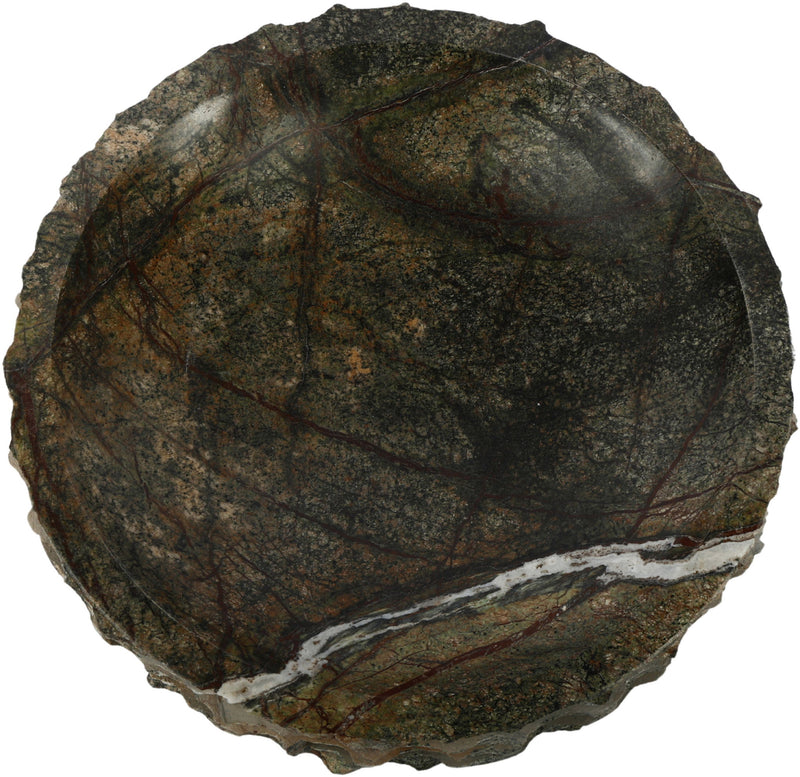 Genuine marble bowl, dark green with swirling veins and rough outer rim