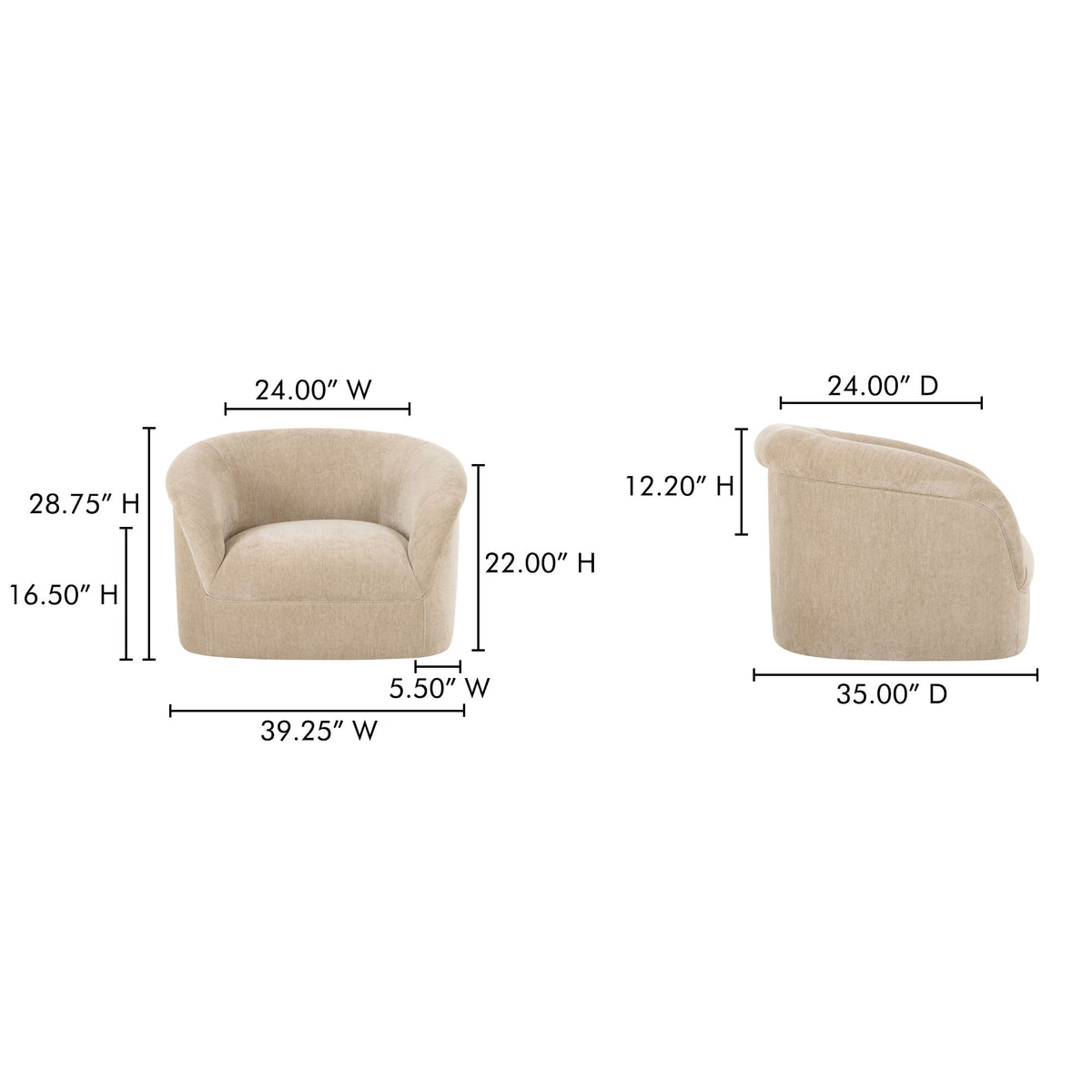 Beige lounge chair diagram with rounded barrel back and side dimensions.