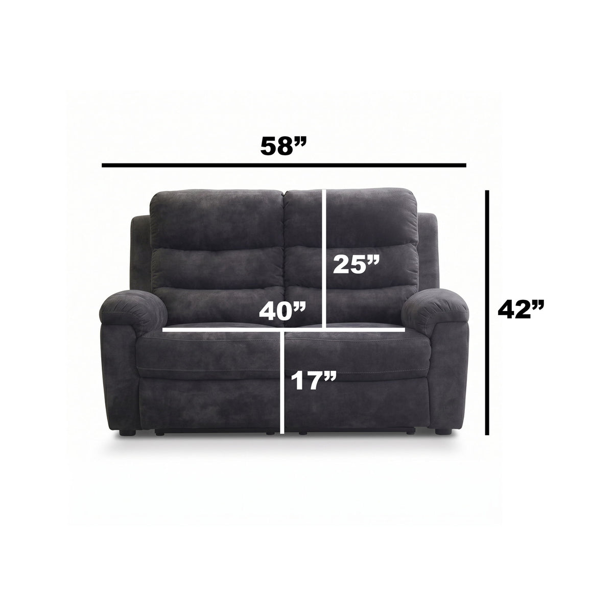 Dark gray 2-seat manual recliner loveseat with padded back and seat, shown dimensions