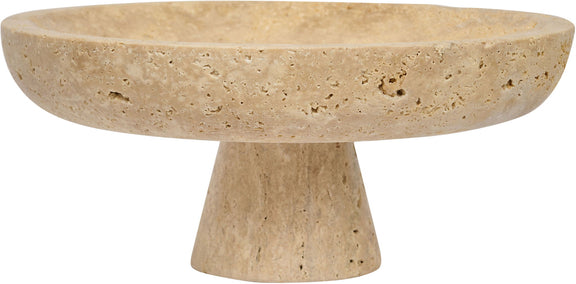 Beige travertine round bowl on pedestal base, speckled surface
