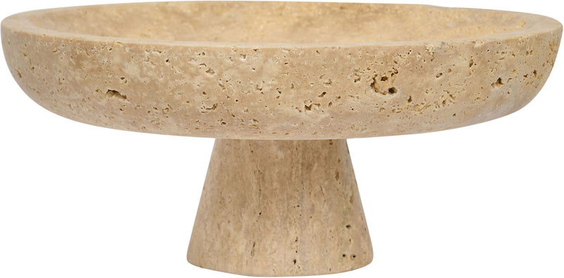 Beige travertine round bowl on pedestal base, speckled surface