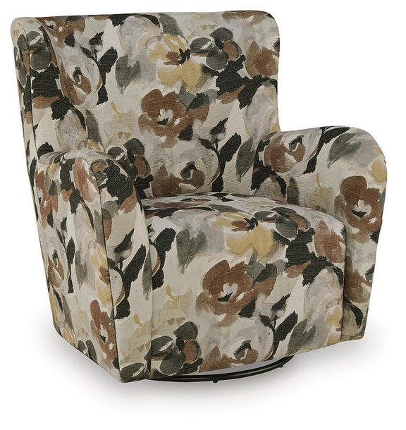 Floral swivel accent chair in beige with brown and black pattern, padded seat, black base.
