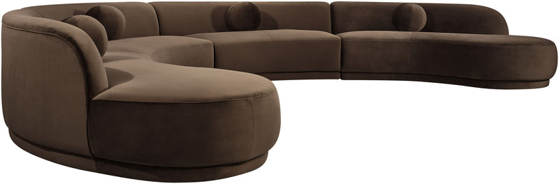 Brown velvet sectional sofa with chaise, rounded arms and curved back