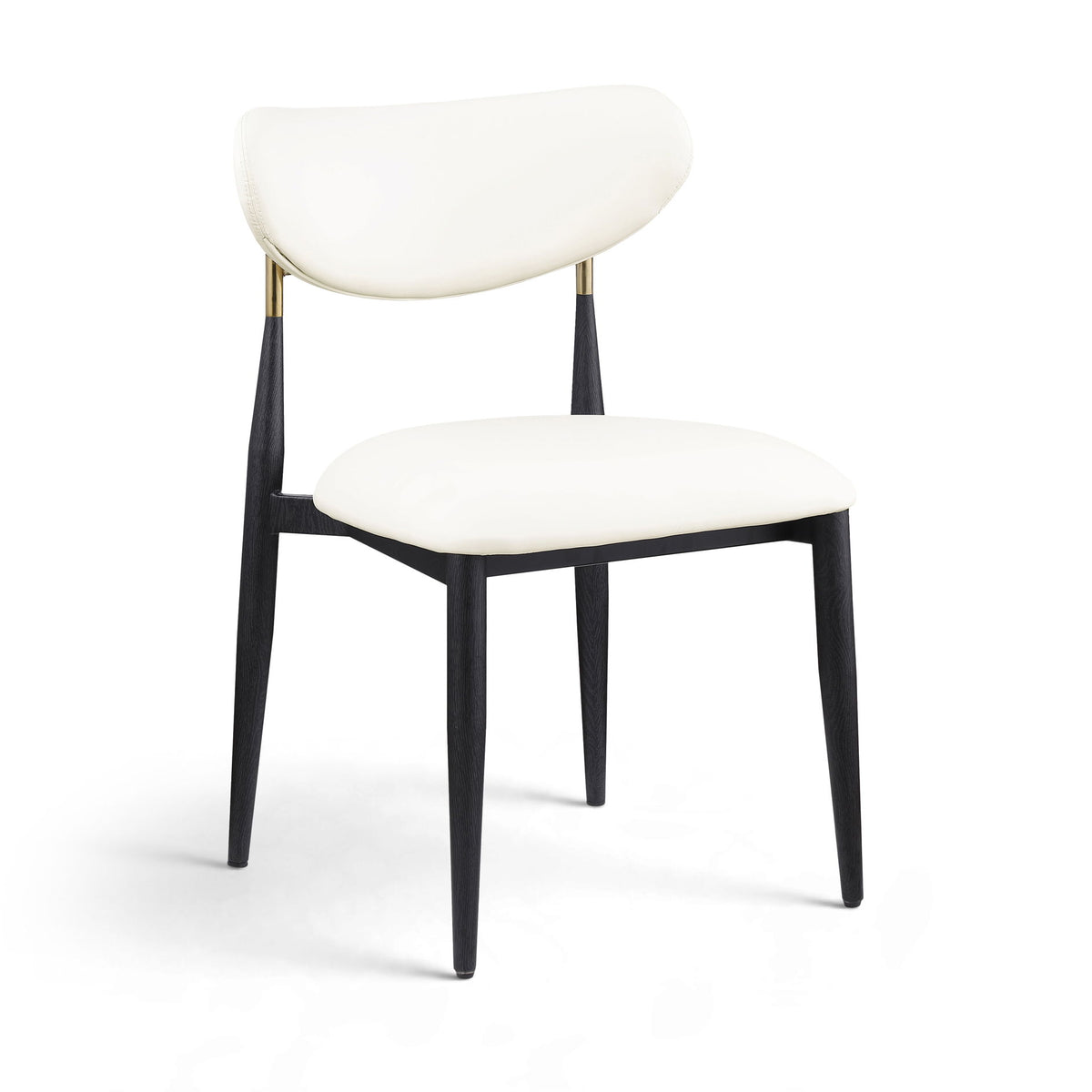White vegan leather dining side chair with padded seat, rounded back, black legs