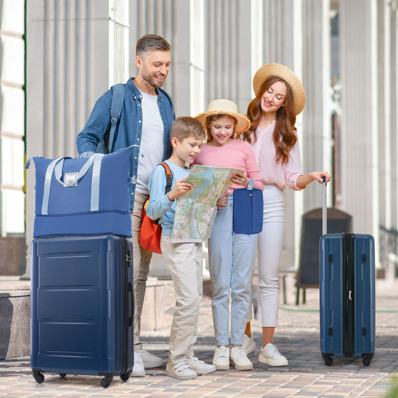 2-piece ABS luggage set with spinner wheels, blue suitcases and matching tote bag