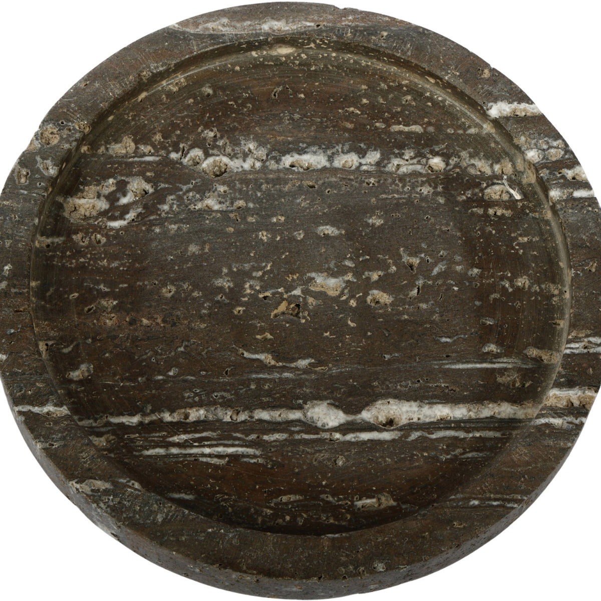 Brown-gray travertine round tray top with bold mottled pattern and striations.