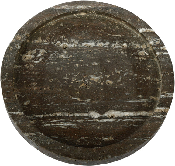 Brown-gray travertine round tray top with bold mottled pattern and striations.