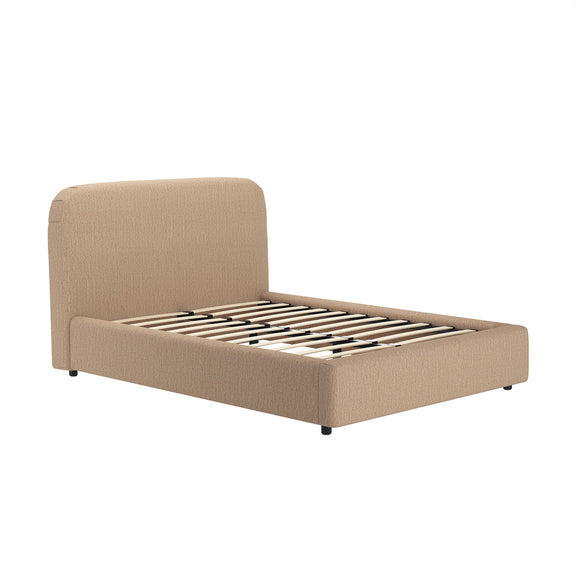 Light brown upholstered bed with rounded headboard and metal slat support base