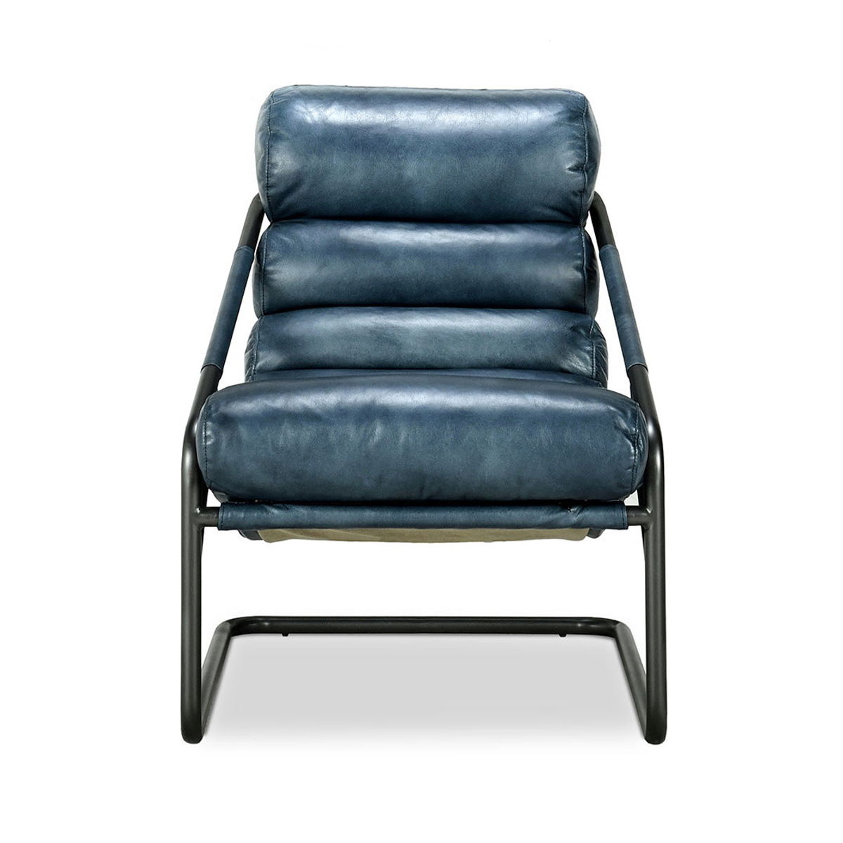 Jackson accent chair in blue leather, front view with padded back and base