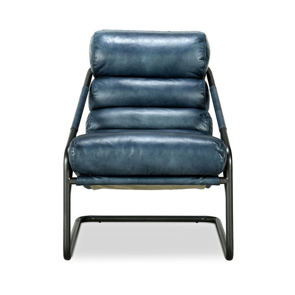 Jackson accent chair in blue leather, front view with padded back and base