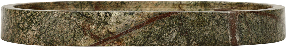 Speckled green marble tray sidewall with rounded rim.