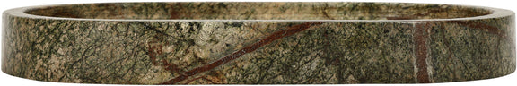 Speckled green marble tray sidewall with rounded rim.