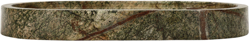 Speckled green marble tray sidewall with rounded rim.