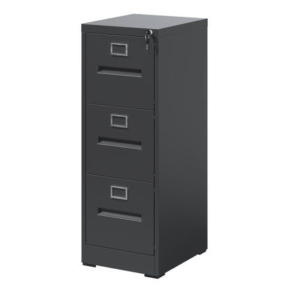 Black metal drawer file cabinet with lock, four front drawers, vertical cabinet design