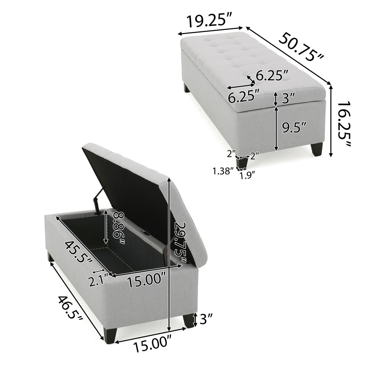 Home Mission - Upholstered Storage Ottoman Bench - Light Gray