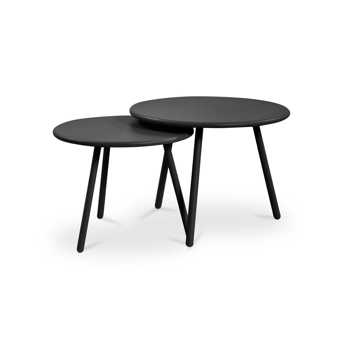 Black round nesting coffee table with two tables and tapered legs