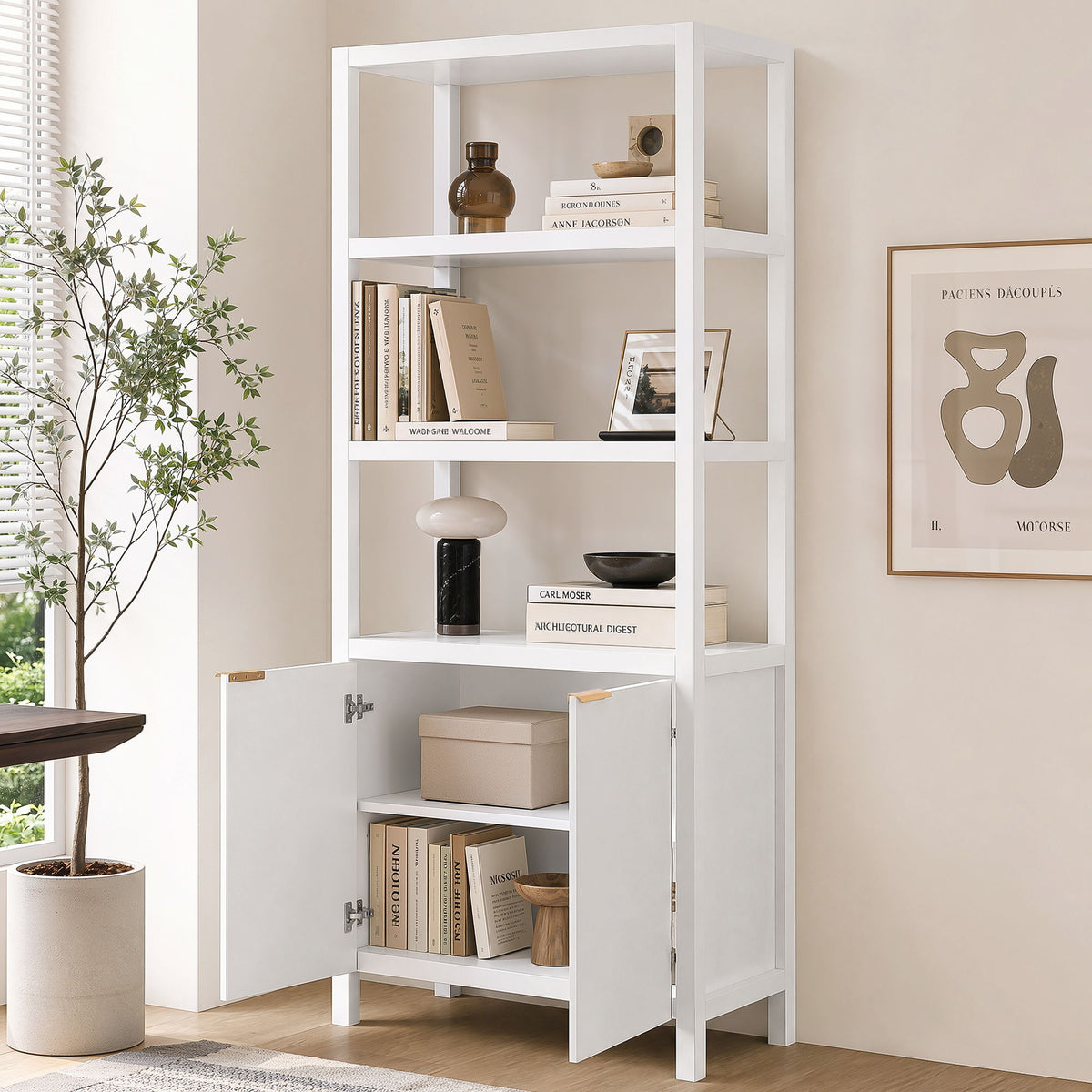 White storage bookcase cabinet with open shelves and double doors, doors open for storage view