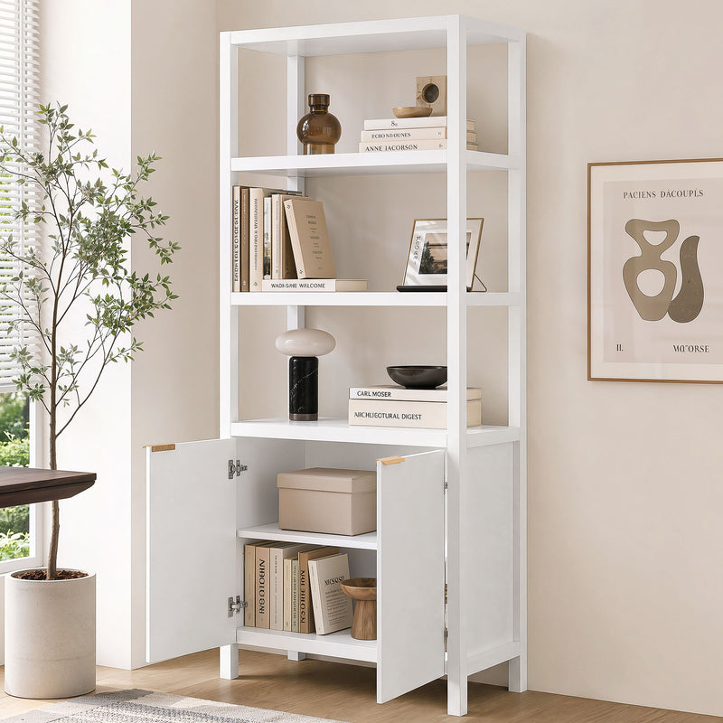 White storage bookcase cabinet with open shelves and double doors, doors open for storage view