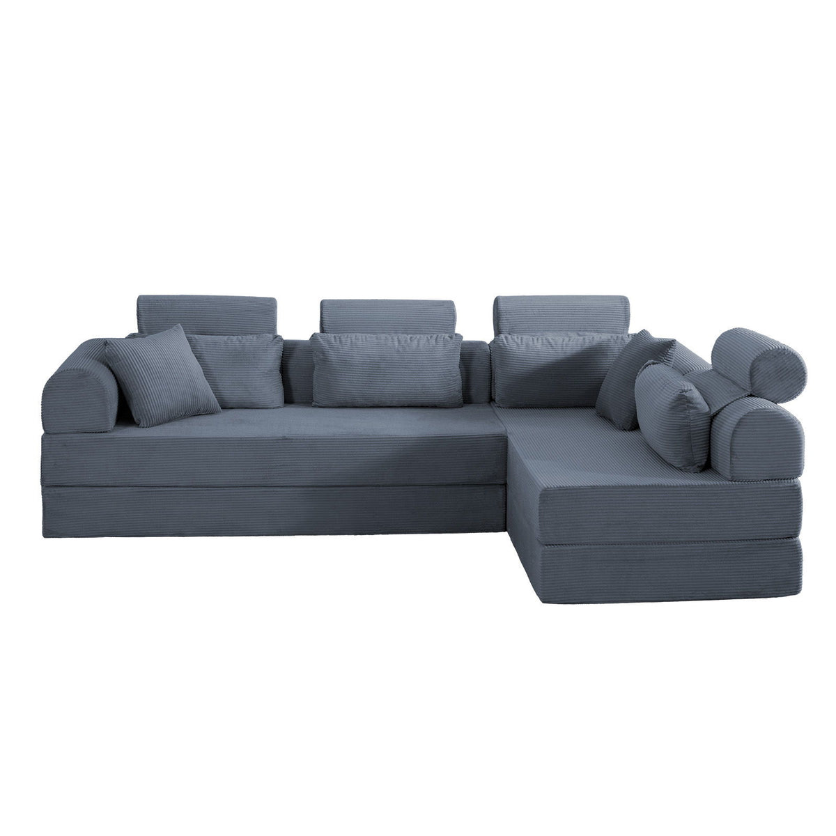 Slate gray L-shaped modular sectional sofa with three back cushions and rounded armrests