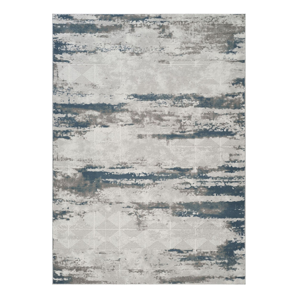 Gray and ivory geometric area rug with distressed horizontal pattern and subtle 3D texture