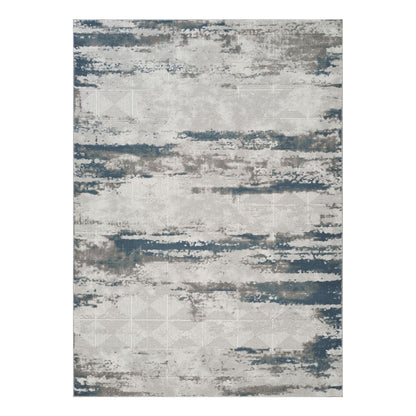 Gray and blue contemporary area rug with distressed horizontal stripe pattern