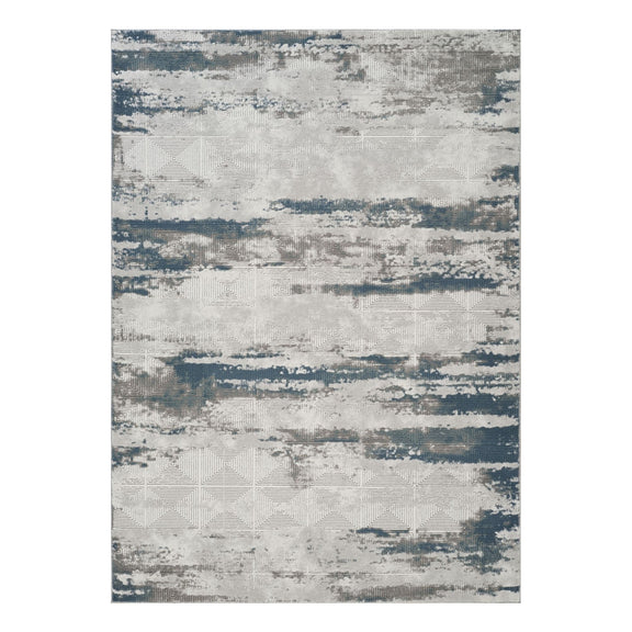 Gray and blue contemporary area rug with distressed horizontal stripe pattern