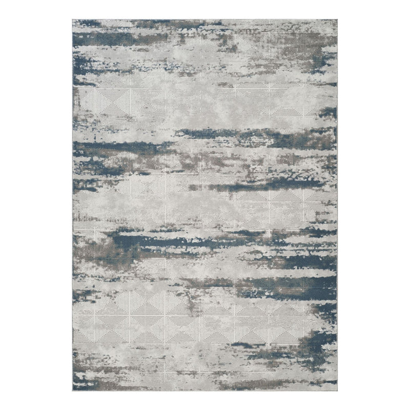 Gray and blue contemporary area rug with distressed horizontal stripe pattern